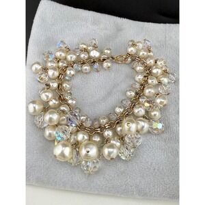 Vintage Faux Pearl Gold Tone Bracelet AB Beaded Cha Cha Size 6.5